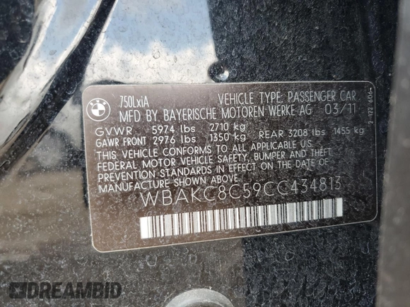 2012 BMW 7 Series 750Li xDrive with VIN WBAKC8C59CC434813, listed as a Copart auction lot 65277705 with Not provided miles and Clean title. Bid and sale history available at DreamBid. Image 12.