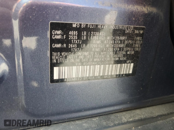 2016 Subaru Outback Premium with VIN 4S4BSAHC7G3336014, listed as a Copart auction lot 57731835 with 136,676 mi miles and Salvage title. Bid and sale history available at DreamBid. Image 13.