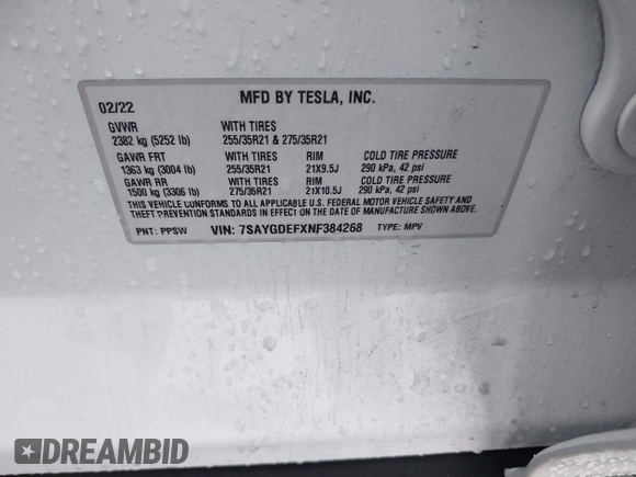 2022 Tesla Model Y Performance with VIN 7SAYGDEFXNF384268, listed as a IAAI auction lot 41558359 with 33,870 mi miles and . Bid and sale history available at DreamBid. Image 9.