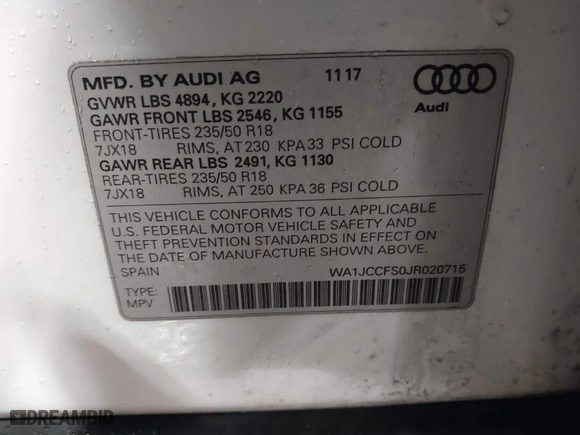 2018 Audi Q3 Premium Plus with VIN WA1JCCFS0JR020715, listed as a IAAI auction lot 41570098 with 88,280 mi miles. Bid and sale history available at carsss.com. Image 9.