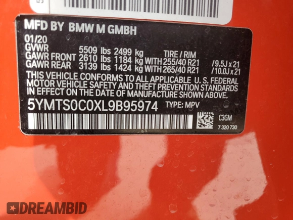 2020 BMW X3 M z VIN 5YMTS0C0XL9B95974, wystawiony jako Copart lot #86833304 z przebiegiem 67 230 mil mil oraz Szkoda całkowita • Salvage title. Historia ofert i sprzedaży dostępna na DreamBid. Obrazek 13.