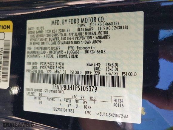 2023 Ford Mustang EcoBoost with VIN 1FATP8UH1P5105379, listed as a IAAI auction lot 41655830 with NaN miles. Bid and sale history available at carsss.com. Image 9.