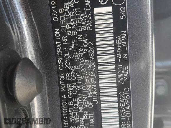 2019 Toyota Prius L Eco with VIN JTDKARFU4K3098262, listed as a Copart auction lot 52794175 with 41,906 mi miles and Salvage Title. Bid and sale history available at carsss.com. Image 13.