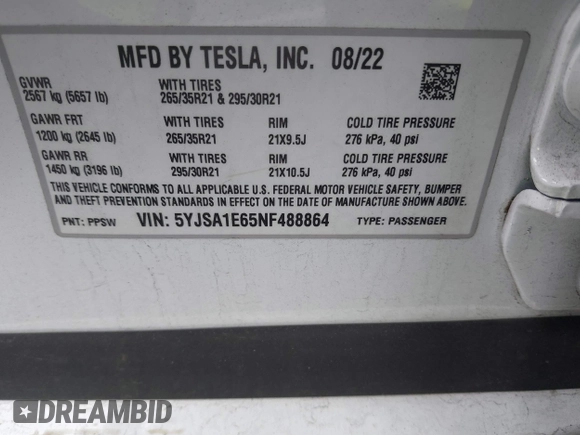 2022 Tesla Model S Plaid with VIN 5YJSA1E65NF488864, listed as a IAAI auction lot 41772788 with 33,915 mi miles and . Bid and sale history available at DreamBid. Image 9.
