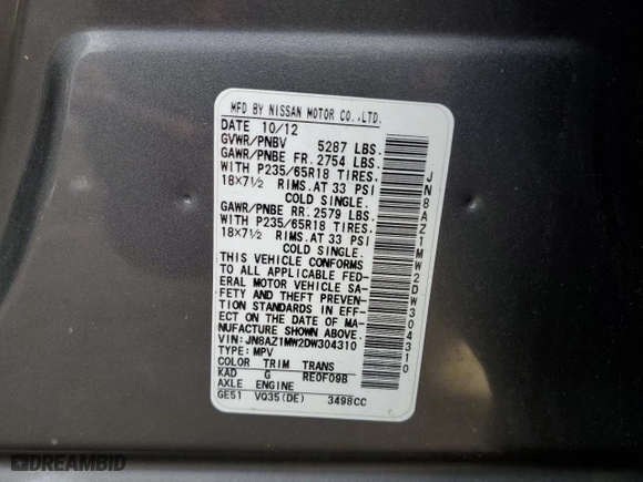 2013 Nissan Murano SL with VIN JN8AZ1MW2DW304310, listed as a Copart auction lot 42087685 with 134,251 mi miles and Salvage Title. Bid and sale history available at carsss.com. Image 13.