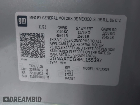 2023 Chevrolet Equinox LT with VIN 3GNAXTEG9PL155397, listed as a IAAI auction lot 42086119 with 27,048 mi miles and . Bid and sale history available at DreamBid. Image 9.