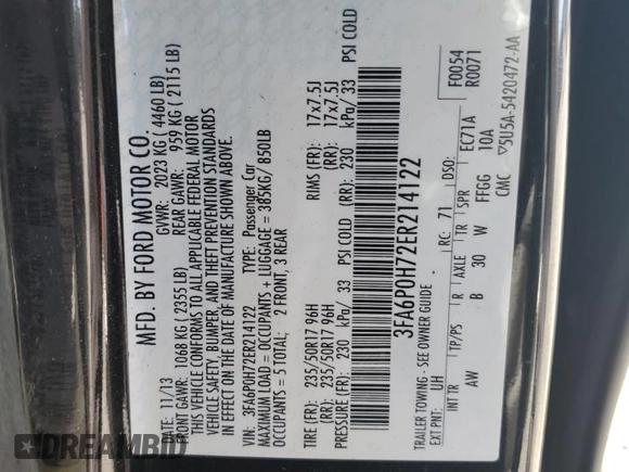 2014 Ford Fusion SE with VIN 3FA6P0H72ER214122, listed as a Copart auction lot 89310355 with 168,360 mi miles and Clean Title. Bid and sale history available at DreamBid. Image 12.