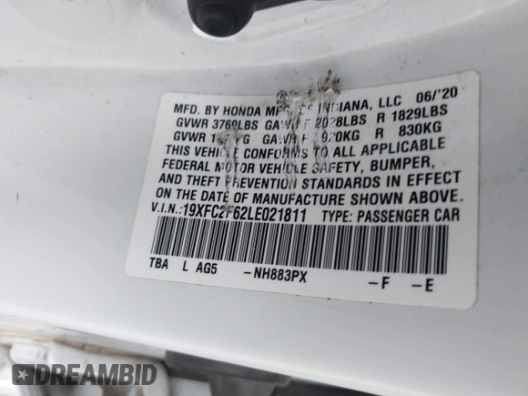 2020 Honda Civic LX with VIN 19XFC2F62LE021811, listed as a IAAI auction lot 41591466 with 75,797 mi miles and . Bid and sale history available at DreamBid. Image 9.