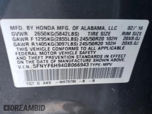 2016 Honda Pilot Touring with VIN 5FNYF6H94GB066943, listed as a Copart auction lot 43064615 with Not Provided miles and Salvage Title. Bid and sale history available at DreamBid. Image 14.