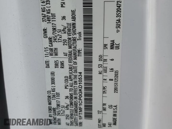 2016 Ford F-150 XL with VIN 1FTMF1CP0GKD10534, listed as a Copart auction lot 50869025 with 307,869 mi miles and Salvage Title. Bid and sale history available at carsss.com. Image 14.