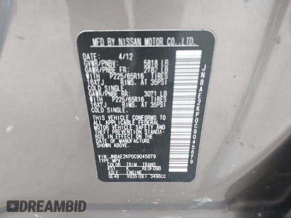 2012 Nissan Quest SL with VIN JN8AE2KP0C9045679, listed as a IAAI auction lot 41802148 with 165,105 mi miles and . Bid and sale history available at carsss.com. Image 9.