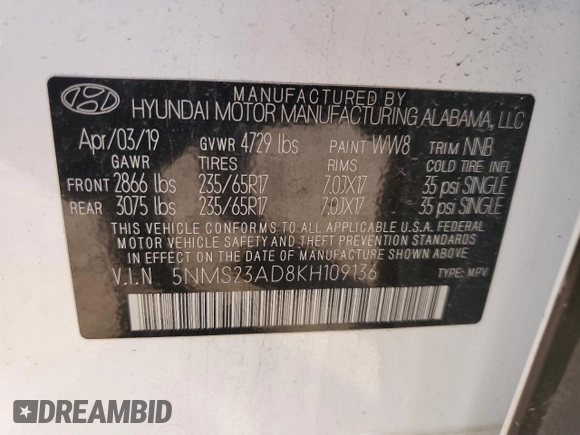 2019 Hyundai Santa Fe SE with VIN 5NMS23AD8KH109136, listed as a Copart auction lot 36473483 with 59,690 mi miles and . Bid and sale history available at DreamBid. Image 14.