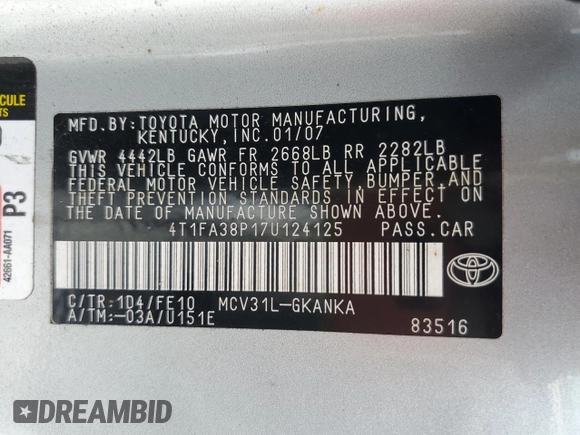 2007 Toyota Solara SE with VIN 4T1FA38P17U124125, listed as a Copart auction lot 56144775 with 145,333 mi miles and Clean Title. Bid and sale history available at DreamBid. Image 12.