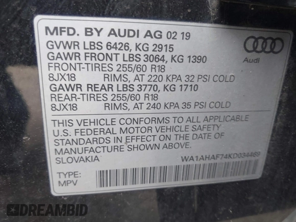 2019 Audi Q7 Premium with VIN WA1AHAF74KD034469, listed as a IAAI auction lot 42037259 with 92,404 mi miles and . Bid and sale history available at DreamBid. Image 9.