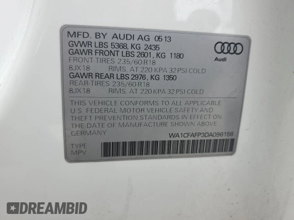 2013 Audi Q5 Premium z VIN WA1CFAFP3DA096156, wystawiony jako Copart lot #60835275 z przebiegiem 149 776 mil mil oraz Czysty tytuł • Clean title. Historia ofert i sprzedaży dostępna na DreamBid. Obrazek 12.