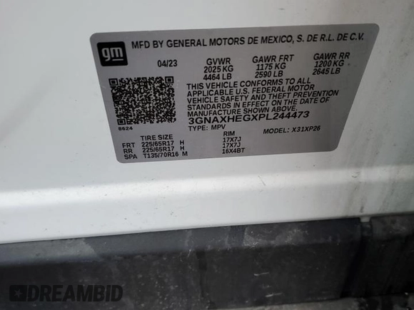 2023 Chevrolet Equinox LS with VIN 3GNAXHEGXPL244473, listed as a Copart auction lot 57528505 with 18,244 mi miles and Non repairable. Bid and sale history available at DreamBid. Image 12.