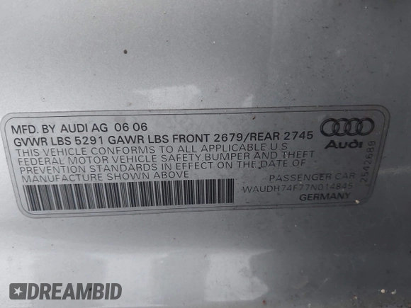 2007 Audi A6 3.2L z VIN WAUDH74F77N014845, wystawiony jako IAAI lot #42272245 z przebiegiem 143 769 mil mil oraz . Historia ofert i sprzedaży dostępna na DreamBid. Obrazek 9.
