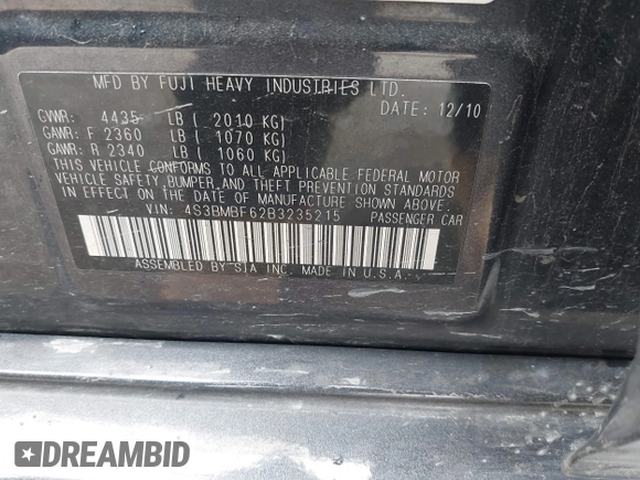 2011 Subaru Legacy Premium with VIN 4S3BMBF62B3235215, listed as a IAAI auction lot 42329363 with 194,877 mi miles and . Bid and sale history available at DreamBid. Image 9.