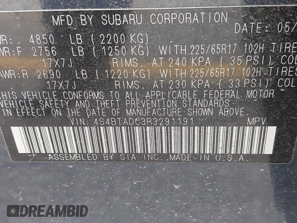 2024 Subaru Outback Premium with VIN 4S4BTADC3R3291191, listed as a IAAI auction lot 42330789 with 21,520 mi miles and . Bid and sale history available at DreamBid. Image 9.