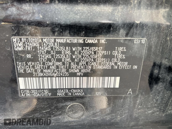 2010 Toyota RAV4 with VIN 2T3BK4DV6AW024235, listed as a Copart auction lot 49745985 with 235,172 mi miles and Clean Title. Bid and sale history available at DreamBid. Image 10.