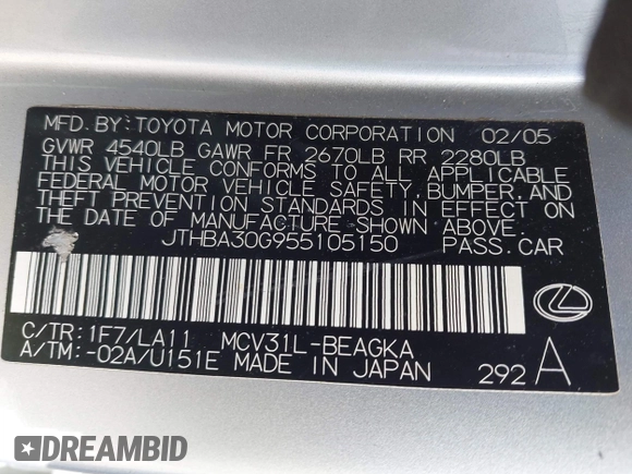 2005 Lexus ES 350 with VIN JTHBA30G955105150, listed as a IAAI auction lot 41803841 with 108,414 mi miles and . Bid and sale history available at DreamBid. Image 9.