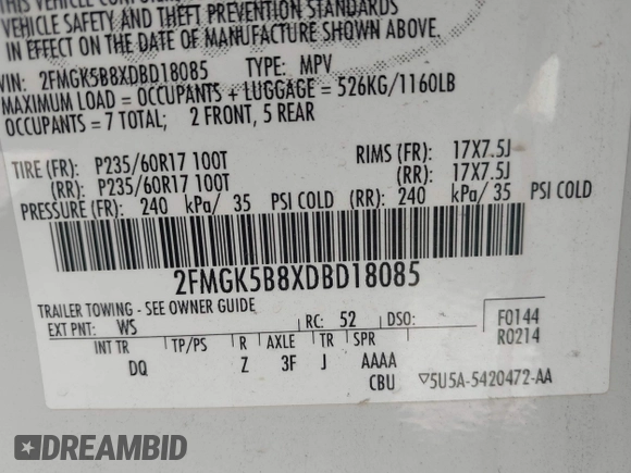 2013 Ford Flex SE with VIN 2FMGK5B8XDBD18085, listed as a IAAI auction lot 42139137 with 157,088 mi miles. Bid and sale history available at carsss.com. Image 9.