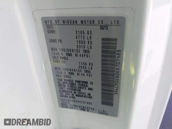 2019 Nissan NV200 SV with VIN 3N6CM0KN2KK707488, listed as a IAAI auction lot 41829408 with Not provided miles and . Bid and sale history available at DreamBid. Image 9.