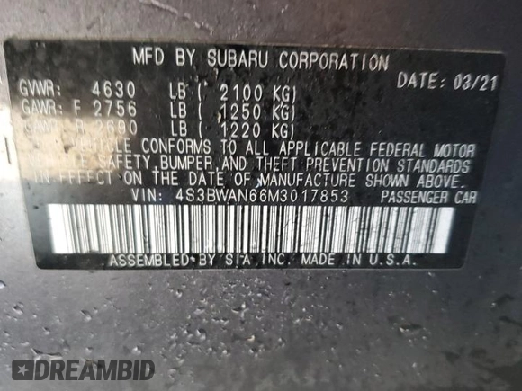 2021 Subaru Legacy Limited with VIN 4S3BWAN66M3017853, listed as a Copart auction lot 46675925 with 48,790 mi miles and Salvage title. Bid and sale history available at DreamBid. Image 12.
