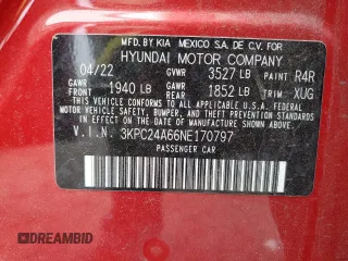 2022 Hyundai Accent SEL with VIN 3KPC24A66NE170797, listed as a Copart auction lot 79769003 with 10,036 mi miles. Bid and sale history available at carsss.com. Image 12.