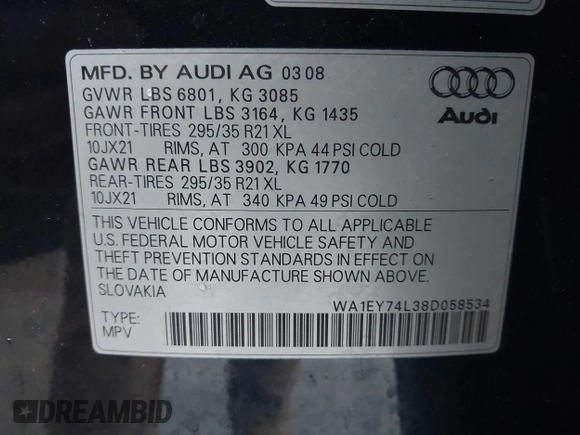 2008 Audi Q7 Premium Plus z VIN WA1EY74L38D058534, wystawiony jako IAAI lot #41868251 z przebiegiem 171 393 mil mil oraz . Historia ofert i sprzedaży dostępna na DreamBid. Obrazek 9.