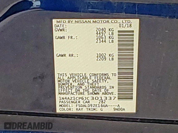 2018 Nissan LEAF S with VIN 1N4AZ1CP6JC301337, listed as a Copart auction lot 54556445 with 29,715 mi miles and Salvage Title. Bid and sale history available at DreamBid. Image 12.