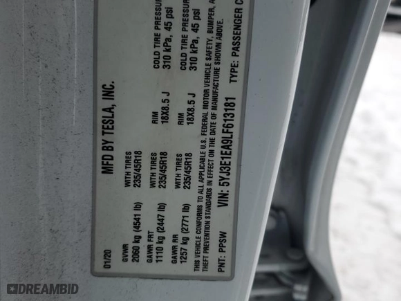 2020 Tesla Model 3 Standard Range Plus with VIN 5YJ3E1EA9LF613181, listed as a Copart auction lot 41799135 with 122,120 mi miles and Salvage Title. Bid and sale history available at carsss.com. Image 12.