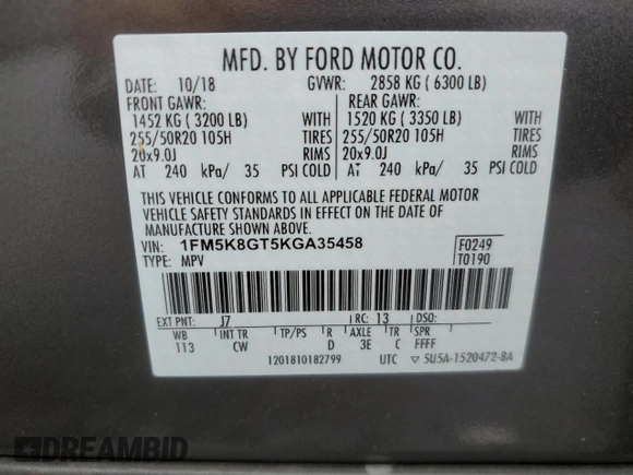 2019 Ford Explorer Sport with VIN 1FM5K8GT5KGA35458, listed as a Copart auction lot 60792775 with 58,540 mi miles and Salvage title. Bid and sale history available at DreamBid. Image 14.