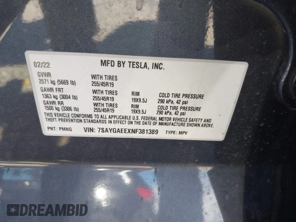 2022 Tesla Model Y Long Range with VIN 7SAYGAEEXNF381389, listed as a IAAI auction lot 41613075 with 52,800 mi miles and . Bid and sale history available at carsss.com. Image 9.