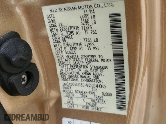2005 Nissan Frontier SE with VIN 1N6AD06U05C402400, listed as a Copart auction lot 55028935 with 121,827 mi miles and Salvage title. Bid and sale history available at DreamBid. Image 12.