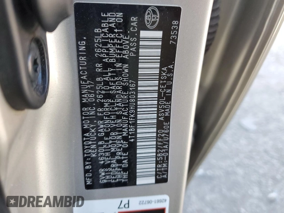 2017 Toyota Camry XLE with VIN 4T1BF1FK9HU803167, listed as a Copart auction lot 58138835 with 105,347 mi miles and Salvage title. Bid and sale history available at DreamBid. Image 12.