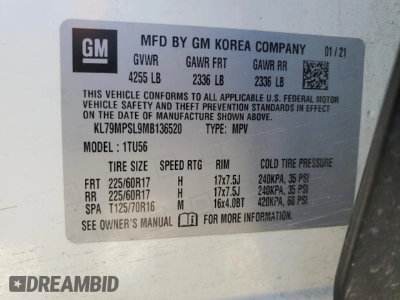 2021 Chevrolet TrailBlazer LT with VIN KL79MPSL9MB136520, listed as a Copart auction lot 48891395 with 66,691 mi miles and Salvage Title. Bid and sale history available at DreamBid. Image 15.