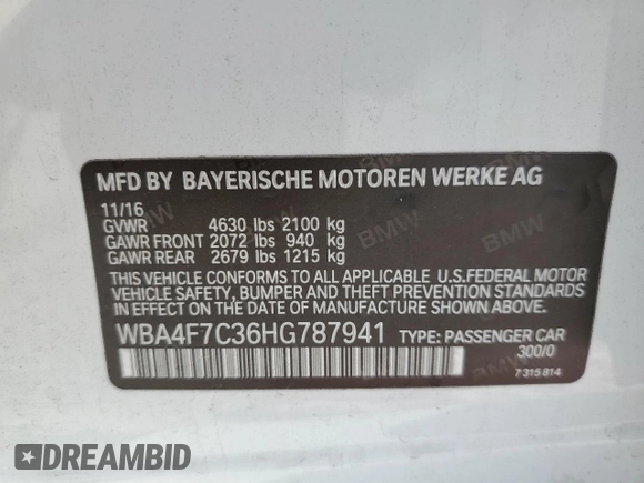 2017 BMW 4 Series 430i with VIN WBA4F7C36HG787941, listed as a Copart auction lot 53508105 with 141,324 mi miles and Salvage title. Bid and sale history available at DreamBid. Image 14.