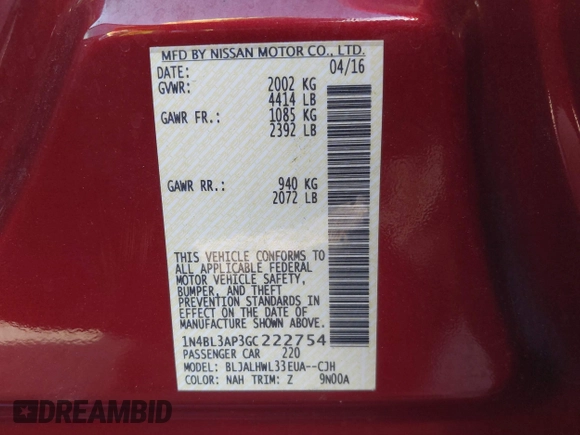 2016 Nissan Altima SL with VIN 1N4BL3AP3GC222754, listed as a IAAI auction lot 41431727 with 49,565 mi miles and . Bid and sale history available at DreamBid. Image 9.