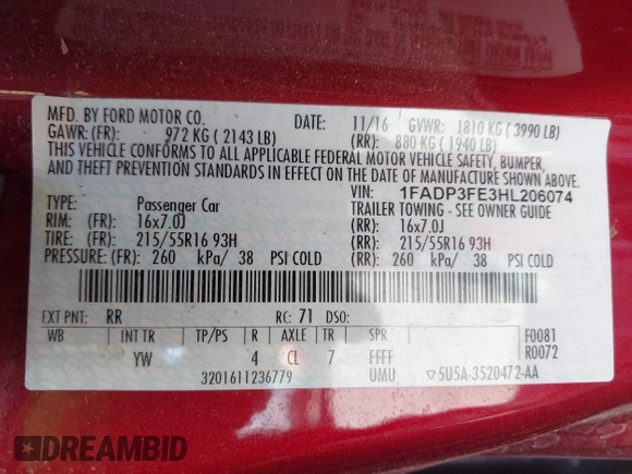 2017 Ford Focus SE with VIN 1FADP3FE3HL206074, listed as a IAAI auction lot 42594911 with 143,814 mi miles and . Bid and sale history available at DreamBid. Image 9.