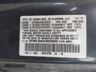 2012 Honda Odyssey EX-L with VIN 5FNRL5H64CB028040, listed as a IAAI auction lot 42126048 with 160,675 mi miles and . Bid and sale history available at DreamBid. Image 9.