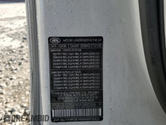 2006 Land Rover LR3 HSE with VIN SALAG25446A388269, listed as a Copart auction lot 88364555 with 130,517 mi miles and Salvage title. Bid and sale history available at DreamBid. Image 14.