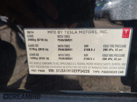 2014 Tesla Model S 60 with VIN 5YJSA1H1XEFP34226, listed as a IAAI auction lot 41806604 with 216,021 mi miles and . Bid and sale history available at DreamBid. Image 9.