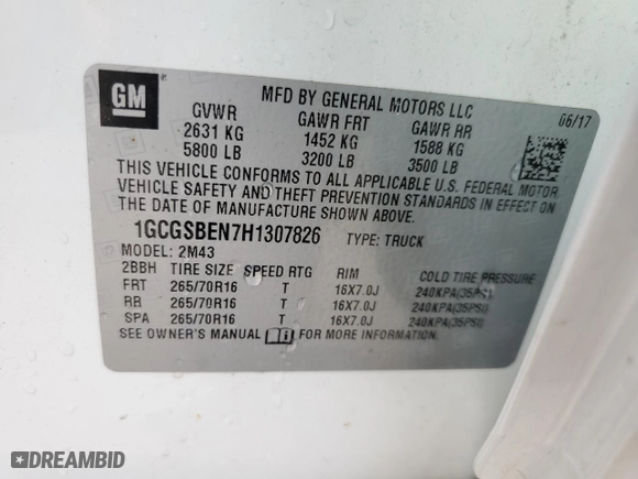 2017 Chevrolet Colorado 2WD WT with VIN 1GCGSBEN7H1307826, listed as a Copart auction lot 84059904 with 100,455 mi miles and Salvage Title. Bid and sale history available at carsss.com. Image 14.