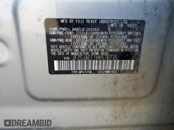 2017 Subaru Forester Premium with VIN JF2SJAEC1HH578735, listed as a Copart auction lot 48576785 with 112,539 mi miles and Salvage Title. Bid and sale history available at carsss.com. Image 12.
