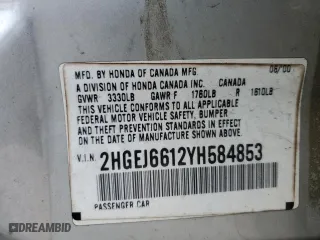 2000 Honda Civic VP with VIN 2HGEJ6612YH584853, listed as a Copart auction lot 87037754 with 169,552 mi miles and Salvage Title. Bid and sale history available at carsss.com. Image 12.