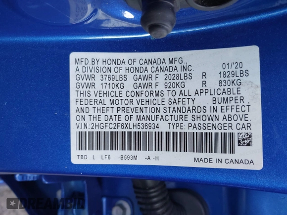 2020 Honda Civic LX with VIN 2HGFC2F6XLH536934, listed as a IAAI auction lot 41413070 with 62,773 mi miles and . Bid and sale history available at DreamBid. Image 9.
