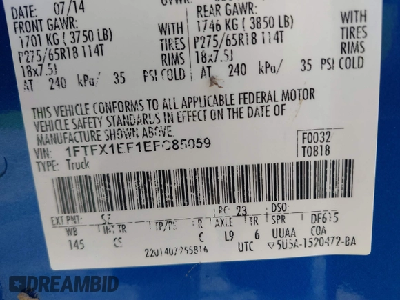 2014 Ford F-150 XL with VIN 1FTFX1EF1EFC85059, listed as a IAAI auction lot 41524443 with 85,882 mi miles. Bid and sale history available at carsss.com. Image 9.