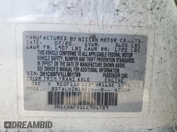 2020 Nissan Versa SR with VIN 3N1CN8FV1LL901789, listed as a Copart auction lot 84638954 with 41,461 mi miles and Salvage Title. Bid and sale history available at DreamBid. Image 12.