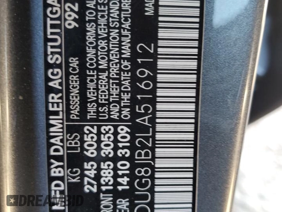 2020 Mercedes-Benz S 63 AMG with VIN WDDUG8JB2LA516912, listed as a Copart auction lot 74954834 with Not Provided miles and Salvage Title. Bid and sale history available at DreamBid. Image 12.